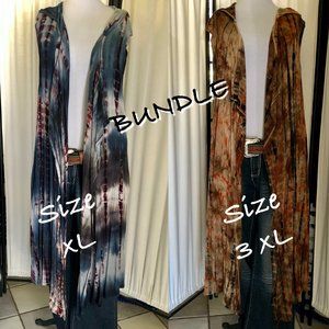 Bundle 2 Coin 1804 Tie Dye Hooded Sleeveless Cardigans blue red XL & brown 3XL